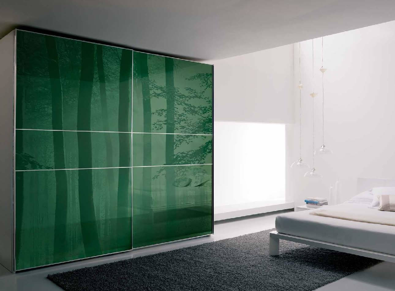 cool-natural-green-pattern-sliding-glass-door-wardrobe-together-with-two-panel-and-white-iron-frame-also-grey-area-rug-plus-white-tile-flooring-along-with-white-bed-with-white-mattress-and-cre